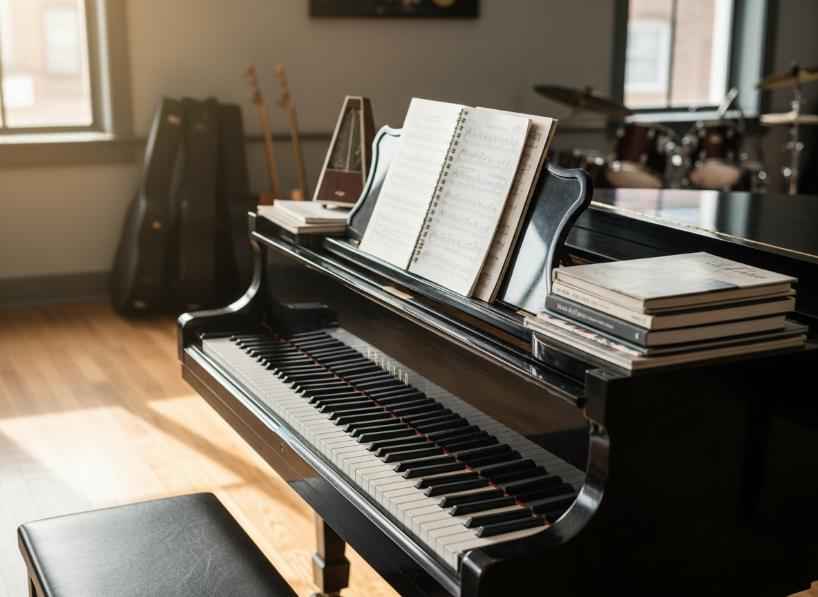 A polished black upright piano with open fallboard revealing pristine ivory and ebony keys, positioned in a bright, neatly arranged music room. A neatly stacked selection of beginner and advanced music books rests on the piano’s top, alongside a small metronome. Soft afternoon daylight filters through a nearby window, creating gentle reflections on the piano’s glossy surface and casting calm shadows across the wooden floor. Photographic realism from an eye-level angle with a slight three-quarter view, emphasizing the keyboard and music books. The background is softly blurred with hints of guitar cases and a drum kit, suggesting a full instrumental tuition space. The mood is professional, welcoming, and focused, ideal for a music tuition website hero image.