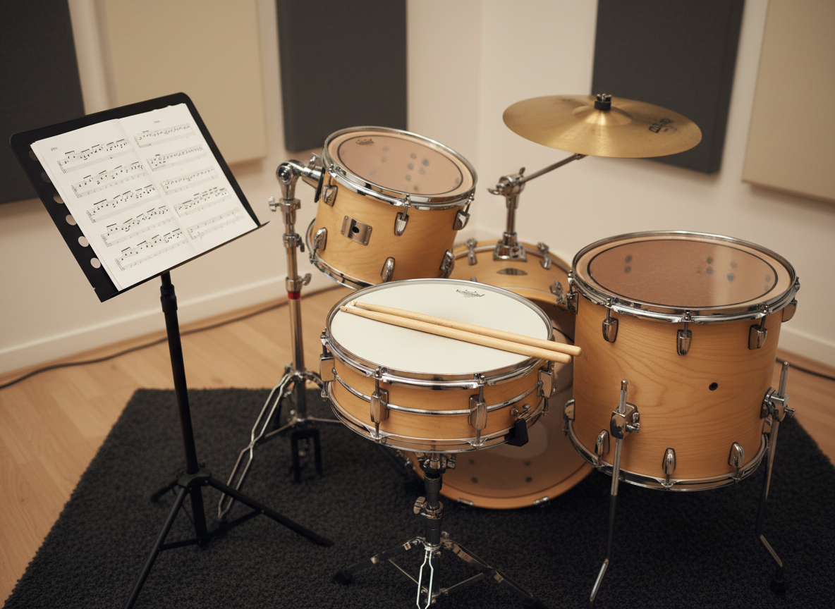 A compact, well-organised drum corner in a teaching studio, featuring a mid-size drum kit with natural wood shells, polished chrome hardware, and light-coated heads. Beside the kit, a small music stand holds neatly printed drum notation, and a pair of drumsticks rests carefully on the snare. The kit sits on a thick, dark rug over light wooden flooring, with acoustic panels visible in the softly blurred background. Overhead, warm yet neutral studio lighting provides even illumination, giving a clean, professional feel without harsh shadows. Photographic realism, eye-level composition slightly angled toward the snare and music stand, creating a focused, purposeful atmosphere tailored for dedicated rhythm and percussion lessons.