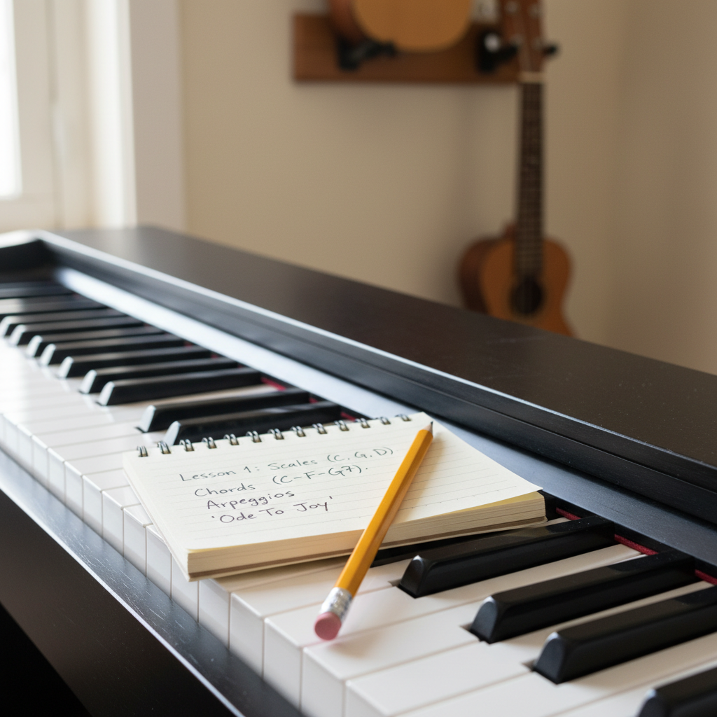 A close-up, photographic realism shot of a well-maintained digital piano keyboard, focusing on a short, handwritten lesson plan notebook resting partly on the keys, with a sharpened pencil lying diagonally across the page. The keys show subtle wear, with gentle reflections in the glossy black surfaces. In the blurred background, the shapes of a guitar headstock and a ukulele body hang on a tidy wall rack. Natural morning light streams in from the left, casting soft highlights on the notebook paper and delicate shadows between the keys. Captured from a slightly elevated angle with shallow depth of field, the mood is calm, organised, and studious, evoking structured, professional one-to-one tuition.