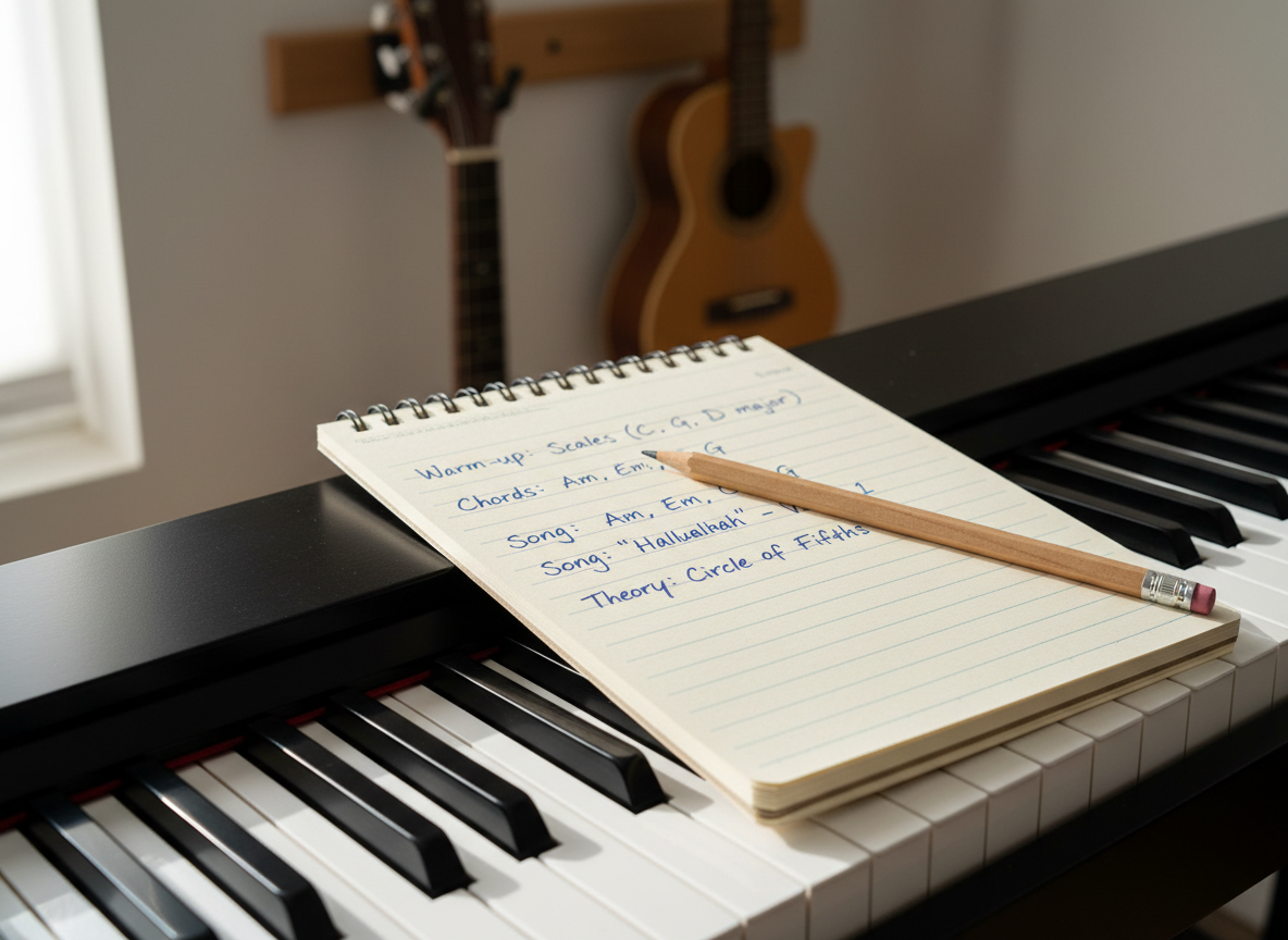 A close-up, photographic realism shot of a well-maintained digital piano keyboard, focusing on a short, handwritten lesson plan notebook resting partly on the keys, with a sharpened pencil lying diagonally across the page. The keys show subtle wear, with gentle reflections in the glossy black surfaces. In the blurred background, the shapes of a guitar headstock and a ukulele body hang on a tidy wall rack. Natural morning light streams in from the left, casting soft highlights on the notebook paper and delicate shadows between the keys. Captured from a slightly elevated angle with shallow depth of field, the mood is calm, organised, and studious, evoking structured, professional one-to-one tuition.