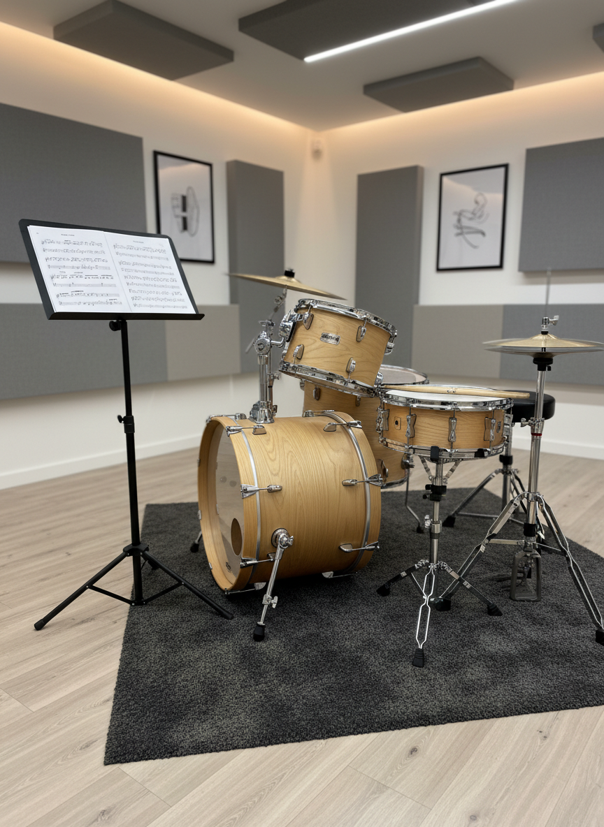 A compact, well-organised drum corner in a teaching studio, featuring a mid-size drum kit with natural wood shells, polished chrome hardware, and light-coated heads. Beside the kit, a small music stand holds neatly printed drum notation, and a pair of drumsticks rests carefully on the snare. The kit sits on a thick, dark rug over light wooden flooring, with acoustic panels visible in the softly blurred background. Overhead, warm yet neutral studio lighting provides even illumination, giving a clean, professional feel without harsh shadows. Photographic realism, eye-level composition slightly angled toward the snare and music stand, creating a focused, purposeful atmosphere tailored for dedicated rhythm and percussion lessons.