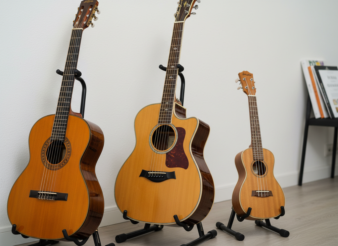 A close, detailed photographic realism image of a small collection of stringed instruments used for tuition: a classical guitar, a steel-string acoustic guitar, and a concert ukulele, all resting on individual stands against a clean, off-white wall. The instruments’ woods range from rich amber to honeyed cedar, with visible grain patterns and subtly worn fretboards suggesting frequent, careful use. Soft, overcast daylight from a side window creates gentle, even lighting with minimal shadows, bringing out the textures of strings, tuners, and rosettes. Captured at eye level with a slight angle along the line of instruments, moderate depth of field keeps all three in clear focus while lightly blurring the tidy studio background, conveying reliability and experience in guitar and ukulele tuition.
