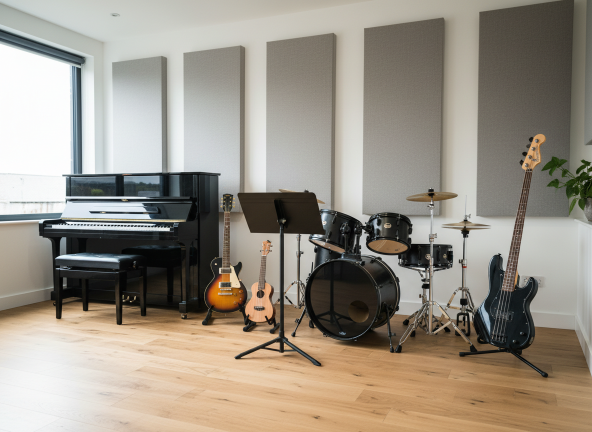 A tidy row of instruments ready for lessons: a full-size acoustic piano, a sunburst electric guitar on a stand, a natural-finish ukulele, a compact drum kit, and a sleek black bass guitar, all arranged along one wall of a modern teaching studio. The room features light oak flooring and sound-absorbing wall panels in neutral tones. Soft, diffused daylight enters through a large unseen window, highlighting the textures of wood, metal hardware, and drum skins while keeping shadows gentle. Photographic realism, wide-angle lens from a slightly elevated corner, with sharp focus throughout. The composition feels balanced and spacious, conveying a well-equipped, professional Isle of Wight music tuition environment without clutter.