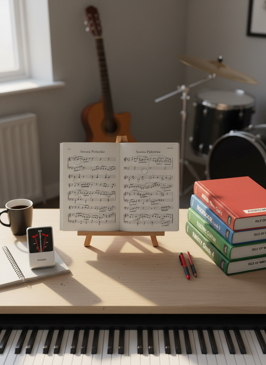 An overhead, photographic realism shot of a tidy music teacher’s desk in a piano studio, featuring open sheet music marked with lightly pencilled annotations, a small digital metronome, and a neatly arranged stack of graded exam books for piano, guitar, and drums. A portion of a high-quality keyboard is visible at the bottom edge of the frame, connecting the desk to active music-making. Soft afternoon light from a nearby window washes across the desk, creating mild, elongated shadows and a calm, studious mood. The composition uses asymmetrical balance, with objects thoughtfully spaced, suggesting organised, curriculum-based tuition and preparation for formal exams on the Isle of Wight.