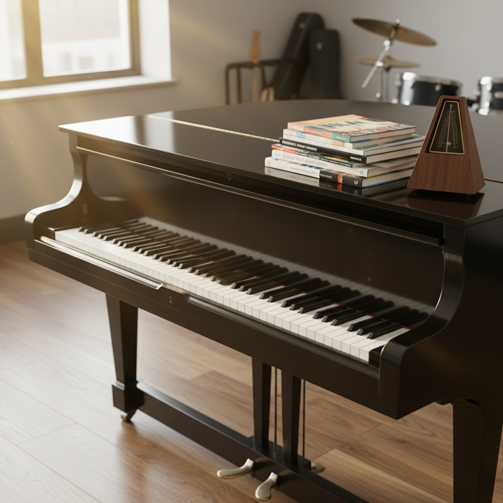 A polished black upright piano with open fallboard revealing pristine ivory and ebony keys, positioned in a bright, neatly arranged music room. A neatly stacked selection of beginner and advanced music books rests on the piano’s top, alongside a small metronome. Soft afternoon daylight filters through a nearby window, creating gentle reflections on the piano’s glossy surface and casting calm shadows across the wooden floor. Photographic realism from an eye-level angle with a slight three-quarter view, emphasizing the keyboard and music books. The background is softly blurred with hints of guitar cases and a drum kit, suggesting a full instrumental tuition space. The mood is professional, welcoming, and focused, ideal for a music tuition website hero image.