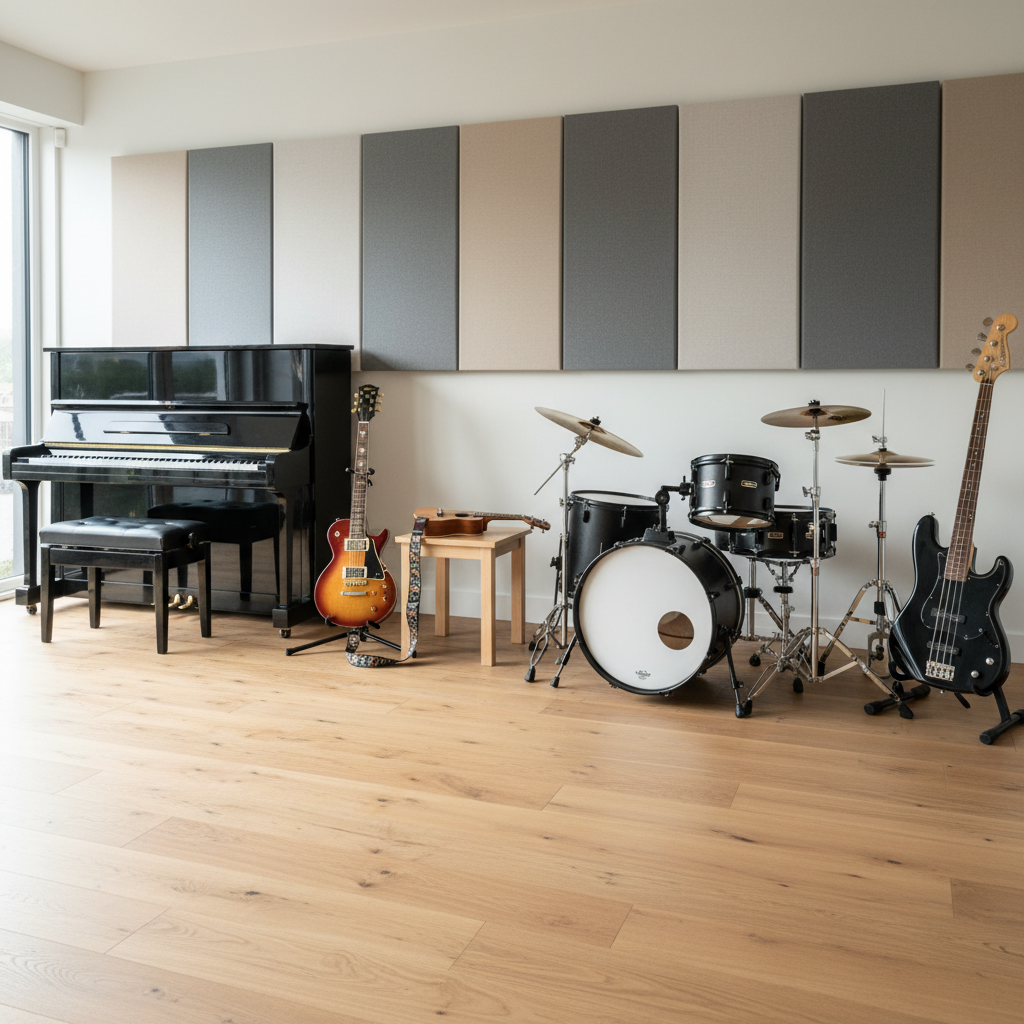 Cozy music room with multiple instruments A tidy row of instruments ready for lessons: a full-size acoustic piano, a sunburst electric guitar on a stand, a natural-finish ukulele, a compact drum kit, and a sleek black bass guitar, all arranged along one wall of a modern teaching studio. The room features light oak flooring and sound-absorbing wall panels in neutral tones. Soft, diffused daylight enters through a large unseen window, highlighting the textures of wood, metal hardware, and drum skins while keeping shadows gentle. Photographic realism, wide-angle lens from a slightly elevated corner, with sharp focus throughout. The composition feels balanced and spacious, conveying a well-equipped, professional Isle of Wight music tuition environment without clutter.