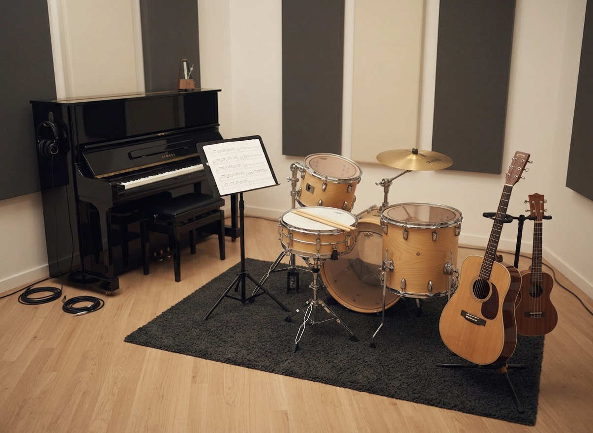 Music room with upright piano, drum set, acoustic guitar, ukulele, and music stand with sheet music